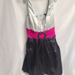 Like New Worn Once XOXO Black Silver Pink Fuschia Satin Dress with Rhinestone